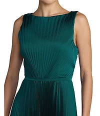 Mac Duggal Pleated Sleeveless Charmeuse Boat Neck Midi Dress