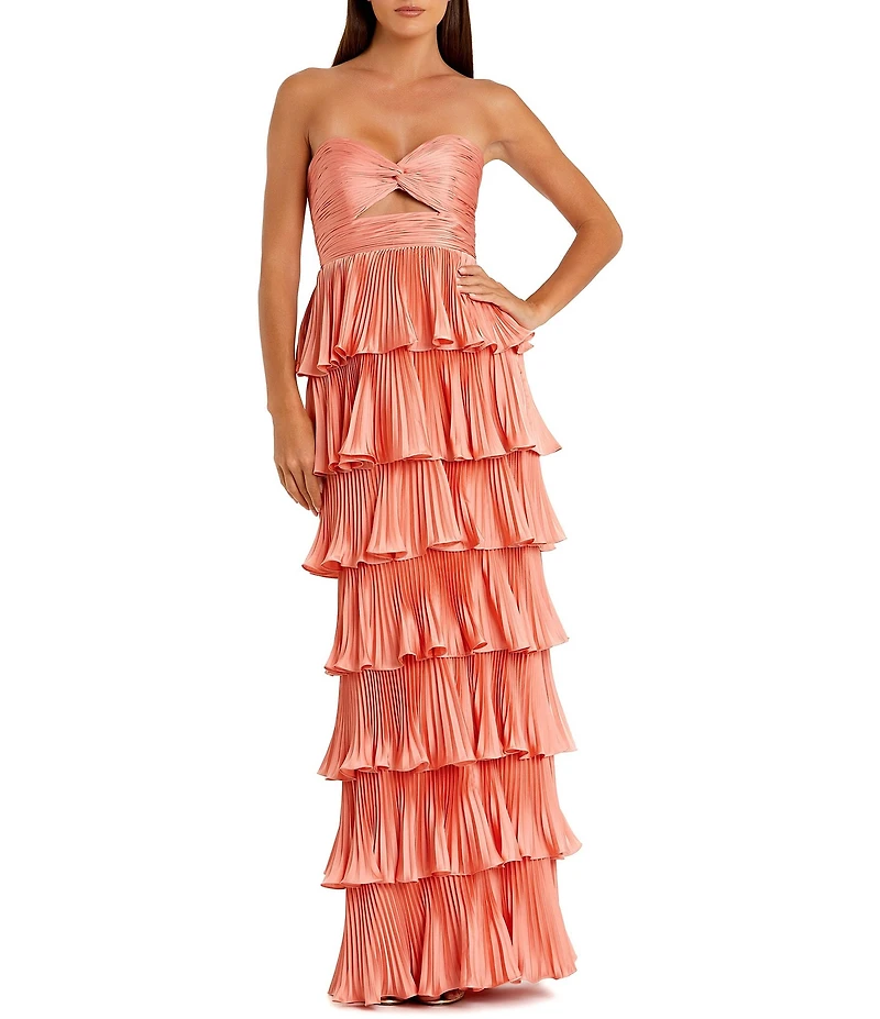 Mac Duggal Pleated Strapless Cut Out Tiered Ruffle Charmeuse Satin Column Gown