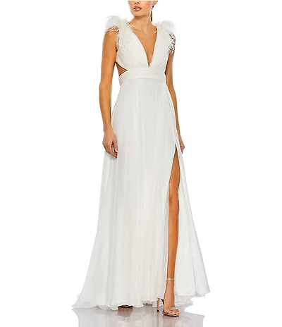 Mac Duggal Plunge A Line Feather Gown