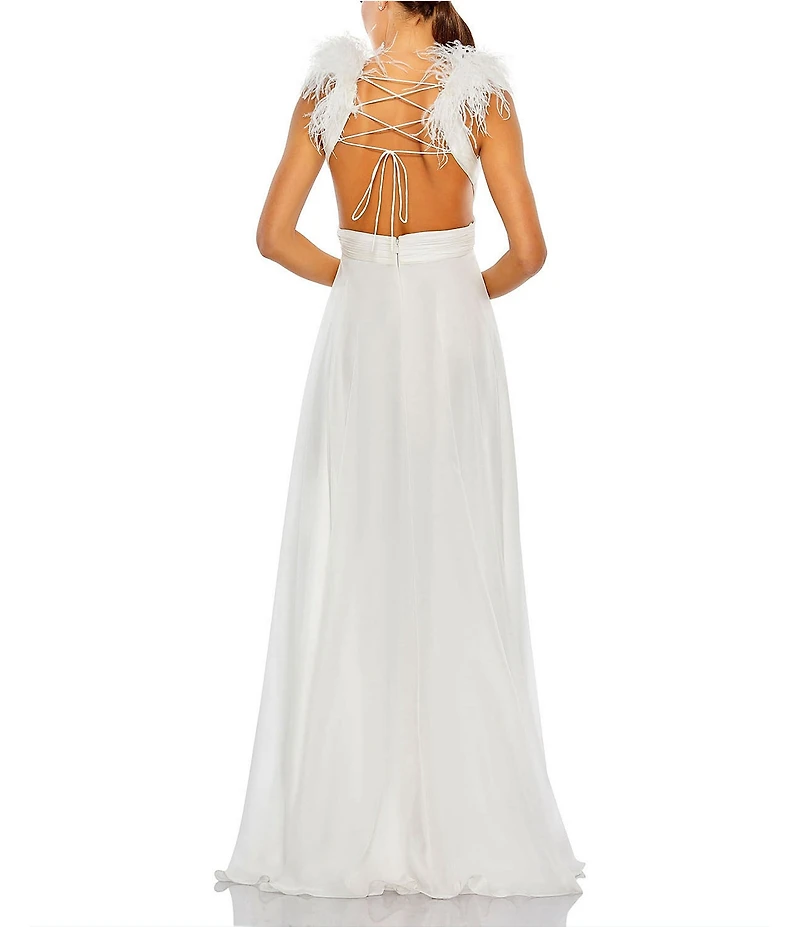 Mac Duggal Plunge A Line Feather Gown