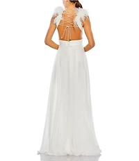 Mac Duggal Plunge A Line Feather Gown