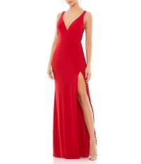 Mac Duggal Plunge Neck High Slit Gown