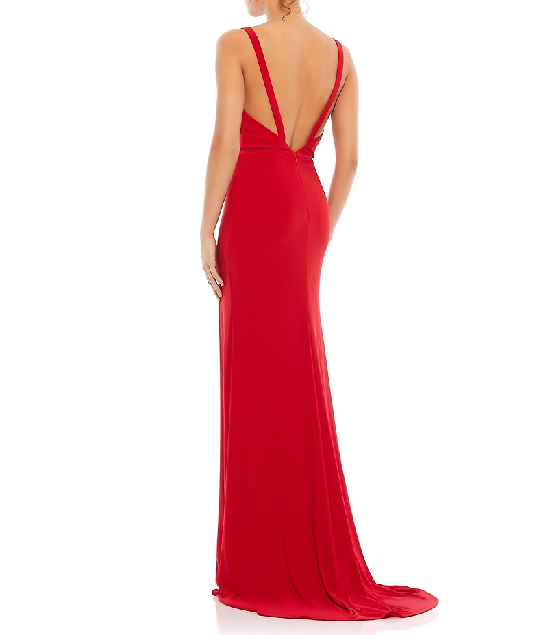 Mac Duggal Plunge Neck High Slit Gown