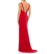 Mac Duggal Plunge Neck High Slit Gown