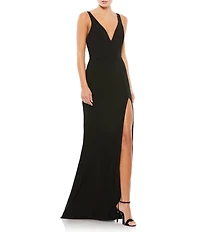 Mac Duggal Plunge Neck High Slit Gown