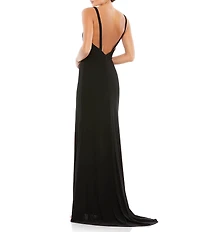 Mac Duggal Plunge Neck High Slit Gown