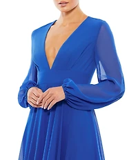 Mac Duggal Plunge V-Neck Illusion Long Blouson Sleeve Thigh High Slit Gown