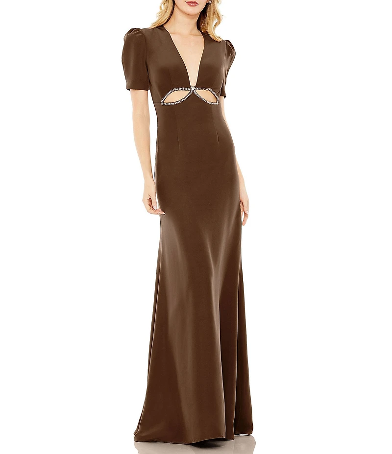 Mac Duggal Plunge V Neck Puff Sleeve Cut Out Gown
