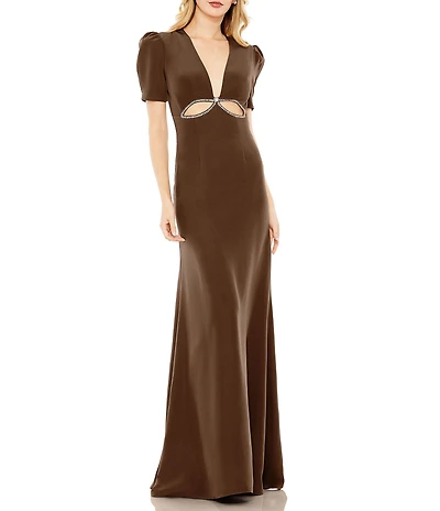 Mac Duggal Plunge V Neck Puff Sleeve Cut Out Gown