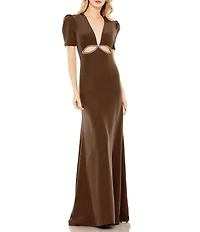 Mac Duggal Plunge V Neck Puff Sleeve Cut Out Gown