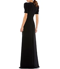 Mac Duggal Plunging V-Neck Short Puffed Sleeve Cut-Out Gown