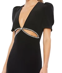 Mac Duggal Plunging V-Neck Short Puffed Sleeve Cut-Out Gown