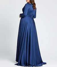 Mac Duggal Plus Size Satin V-Neck Long Sleeve Side Slit A-Line Gown
