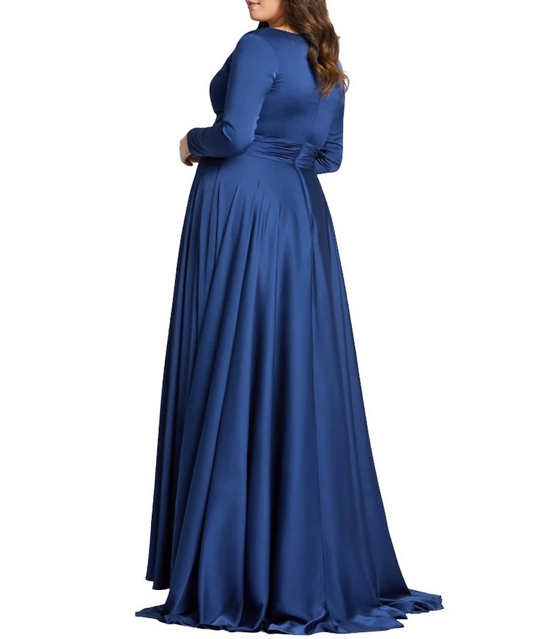 Mac Duggal Plus Size Satin V-Neck Long Sleeve Side Slit A-Line Gown