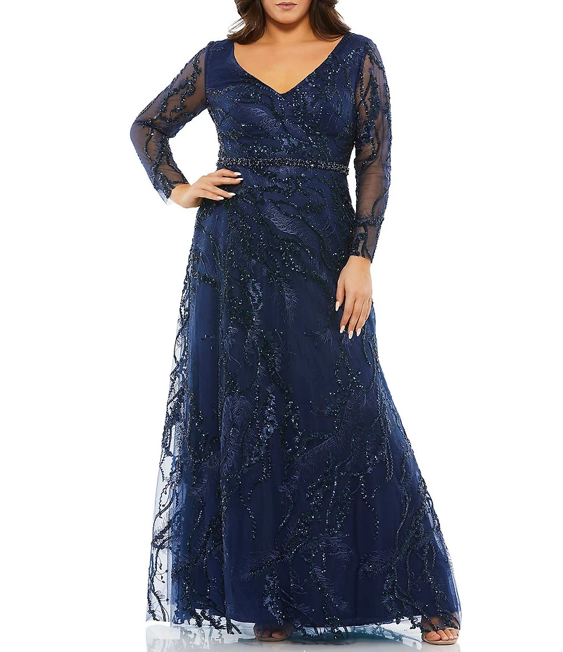 Mac Duggal Plus Size Sequin Long Sheer Sleeve V-Neck Beaded Waist A-Line Gown