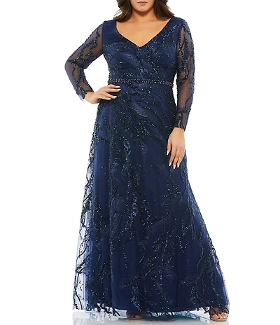 Mac Duggal Plus Size Sequin Long Sheer Sleeve V-Neck Beaded Waist A-Line Gown