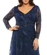 Mac Duggal Plus Size Sequin Long Sheer Sleeve V-Neck Beaded Waist A-Line Gown