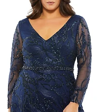 Mac Duggal Plus Size Sequin Long Sheer Sleeve V-Neck Beaded Waist A-Line Gown