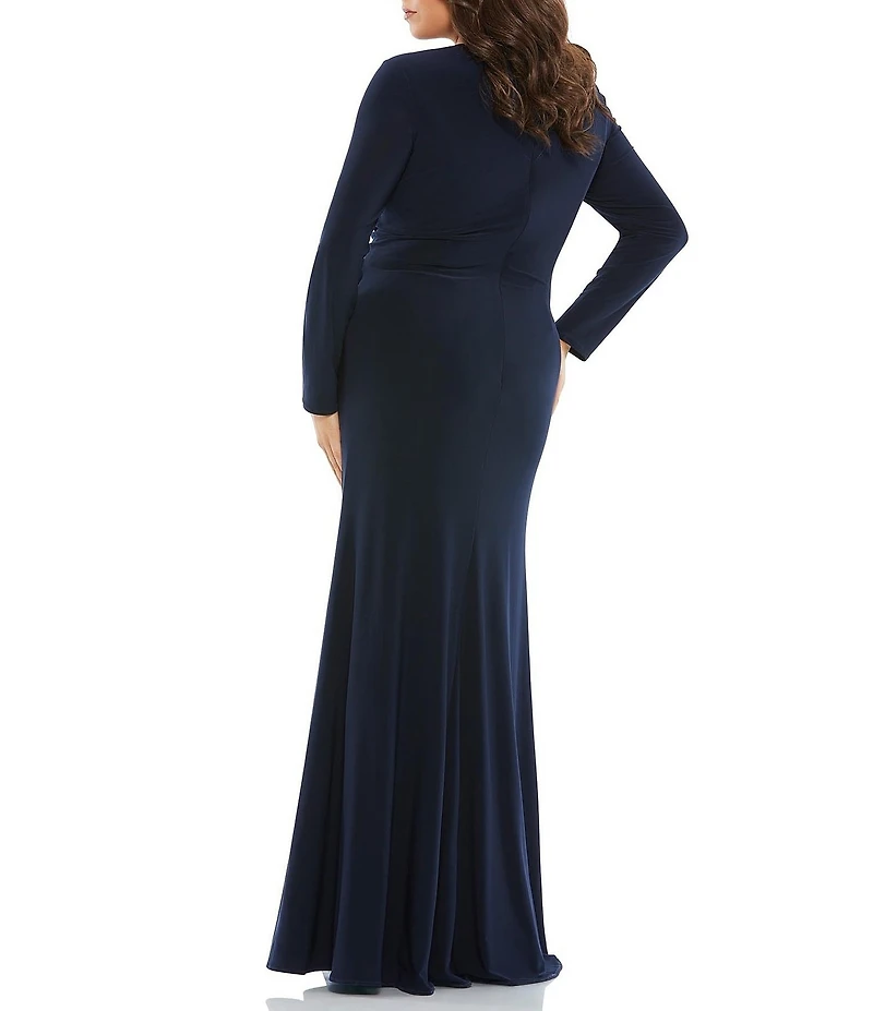 Mac Duggal Plus Size V-Neck Long Sleeve Front Twist Jersey Trumpet Mermaid Gown