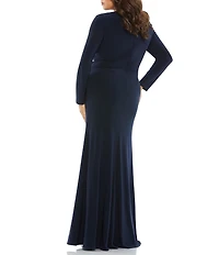 Mac Duggal Plus Size V-Neck Long Sleeve Front Twist Jersey Trumpet Mermaid Gown