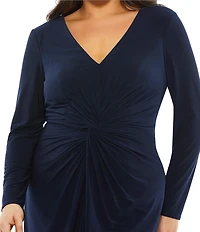 Mac Duggal Plus Size V-Neck Long Sleeve Front Twist Jersey Trumpet Mermaid Gown