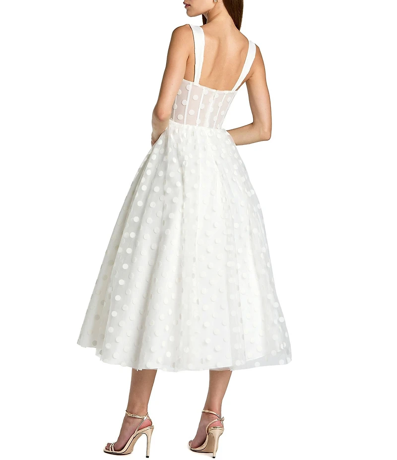 Mac Duggal Polka Dot Net Bustier Sweetheart Neckline A-Line Midi Dress
