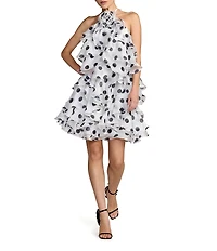Mac Duggal Polka Dot Organza Halter Ruffle Mini Dress
