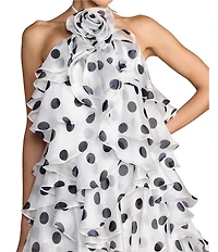 Mac Duggal Polka Dot Organza Halter Ruffle Mini Dress