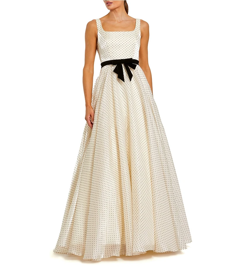 Mac Duggal Polka Dot Organza Square Neck Gown With Bow