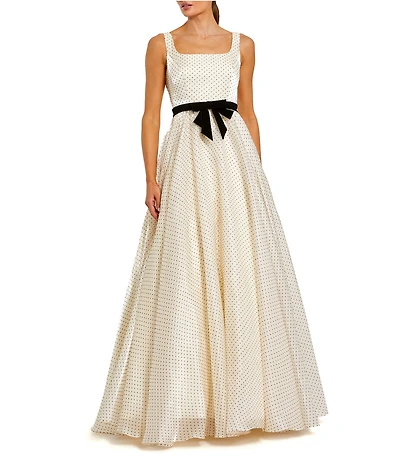 Mac Duggal Polka Dot Organza Square Neck Gown With Bow