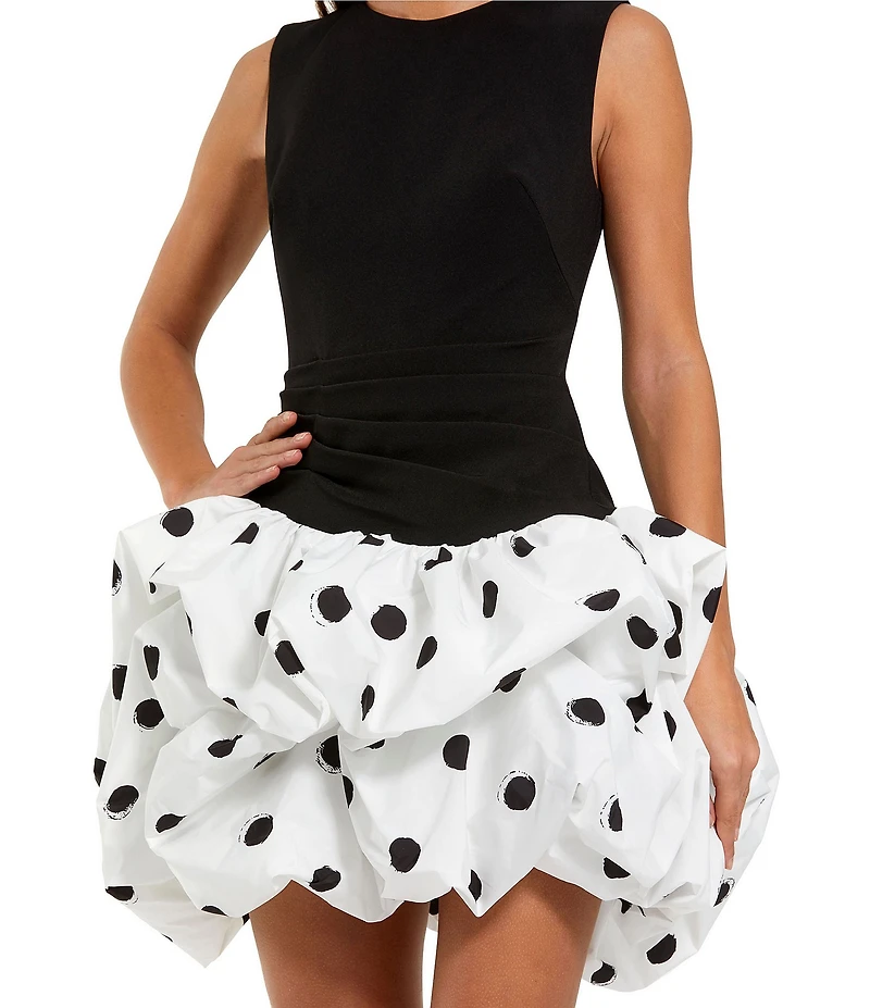 Mac Duggal Polka Dot Print Bubble Hem Sleeveless Fitted Crepe Mini Dress