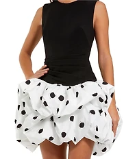 Mac Duggal Polka Dot Print Bubble Hem Sleeveless Fitted Crepe Mini Dress