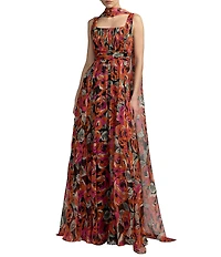 Mac Duggal Printed Chiffon Sleeveless With Scarf A-Line Gown