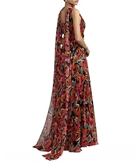 Mac Duggal Printed Chiffon Sleeveless With Scarf A-Line Gown