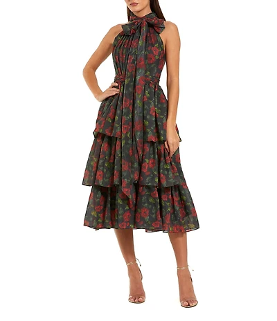 Mac Duggal Printed Chiffon Tie Neck Tiered Ruffle Ankle Dress