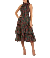 Mac Duggal Printed Chiffon Tie Neck Tiered Ruffle Ankle Dress