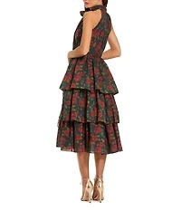 Mac Duggal Printed Chiffon Tie Neck Tiered Ruffle Ankle Dress