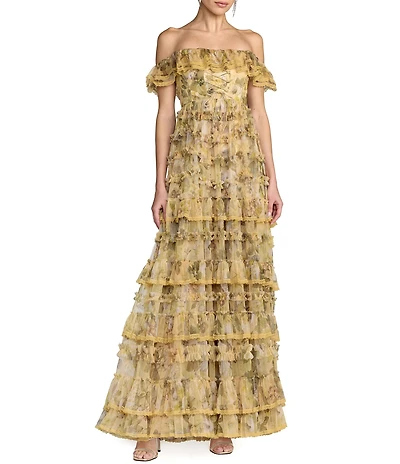 Mac Duggal Printed Mesh Off The Shoulder Ruffle A Line Gown