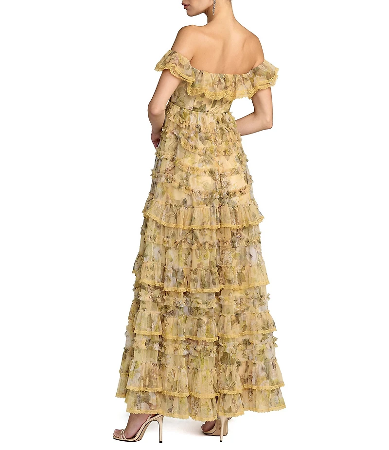 Mac Duggal Printed Mesh Off The Shoulder Ruffle A Line Gown