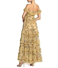 Mac Duggal Printed Mesh Off The Shoulder Ruffle A Line Gown