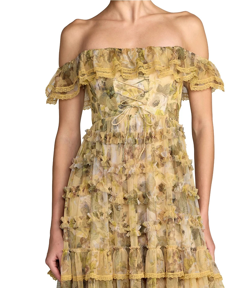 Mac Duggal Printed Mesh Off The Shoulder Ruffle A Line Gown