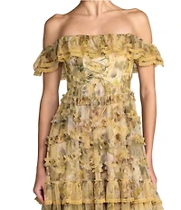 Mac Duggal Printed Mesh Off The Shoulder Ruffle A Line Gown