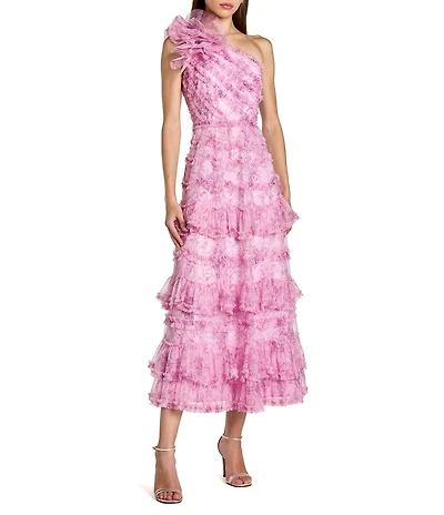 Mac Duggal Printed Mesh One Shoulder Ruffle A-Line Midi Dress