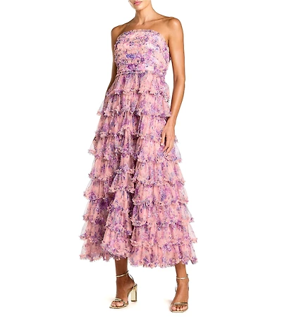 Mac Duggal Printed Mesh Strapless Ruffle A Line Midi Dress