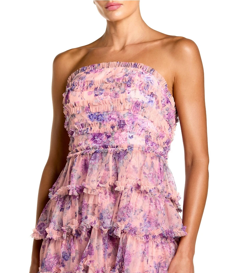 Mac Duggal Printed Mesh Strapless Ruffle A Line Midi Dress