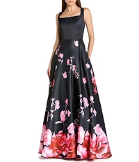 Mac Duggal Printed Satin Sleeveless Floral Square Neck Gown