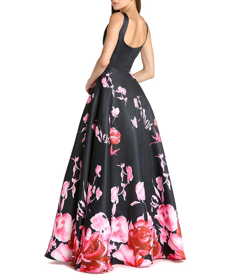 Mac Duggal Printed Satin Sleeveless Floral Square Neck Gown