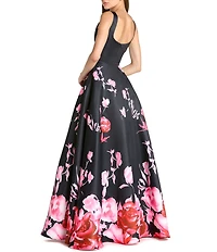 Mac Duggal Printed Satin Sleeveless Floral Square Neck Gown