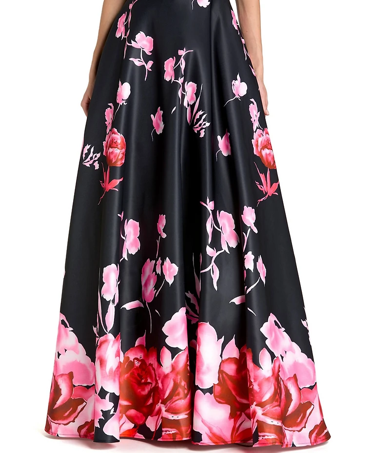 Mac Duggal Printed Satin Sleeveless Floral Square Neck Gown