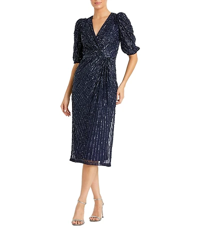 Mac Duggal Puff Sleeve Sequin A-Line Waist Wrap Midi Dress